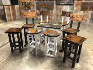 Stools and chairs of different dimensions on display