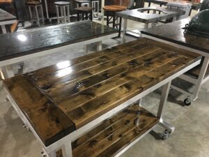 The top view of the Hardwood Planked Worktable