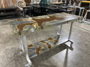 Angled view of a completed Distressed Metal worktable